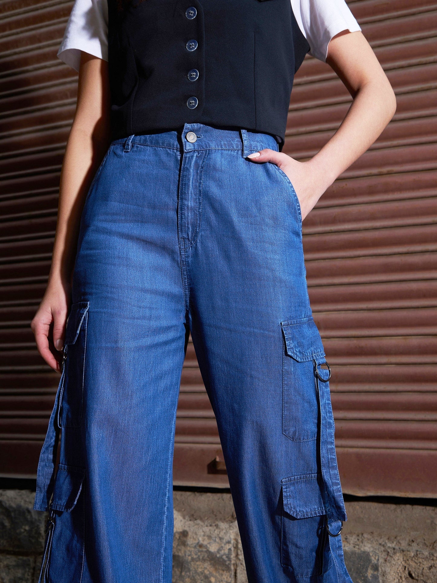 Women's Blue Tencel Cargo Pants