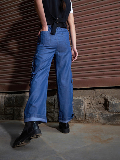 Women's Blue Tencel Cargo Pants