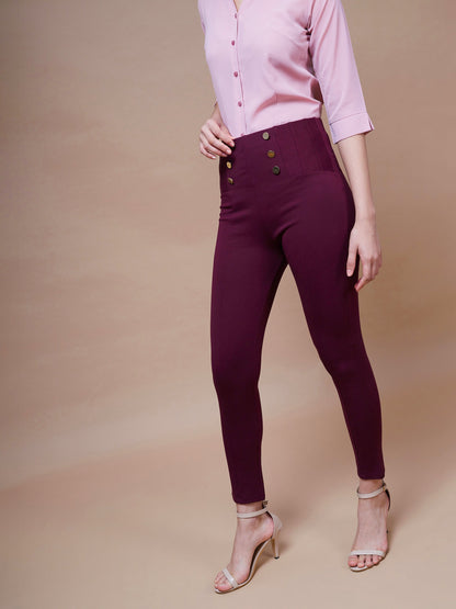 Women's Burgundy Show Button Jeggings