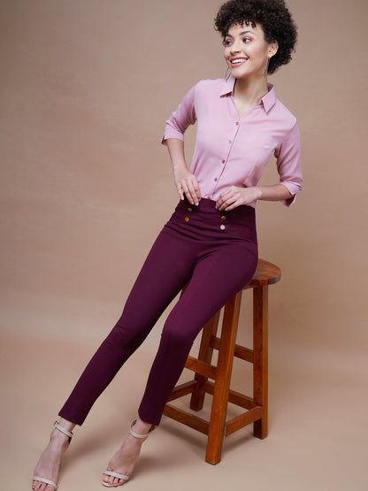 Women's Burgundy Show Button Jeggings