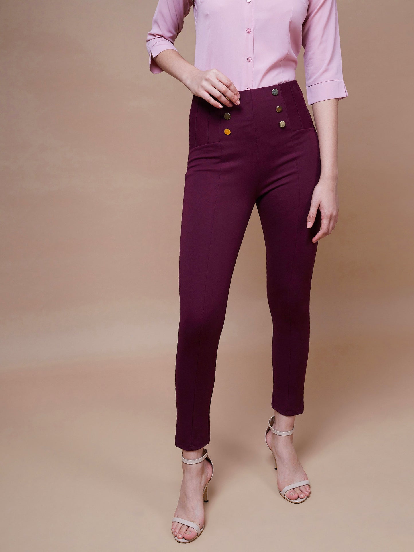 Women's Burgundy Show Button Jeggings