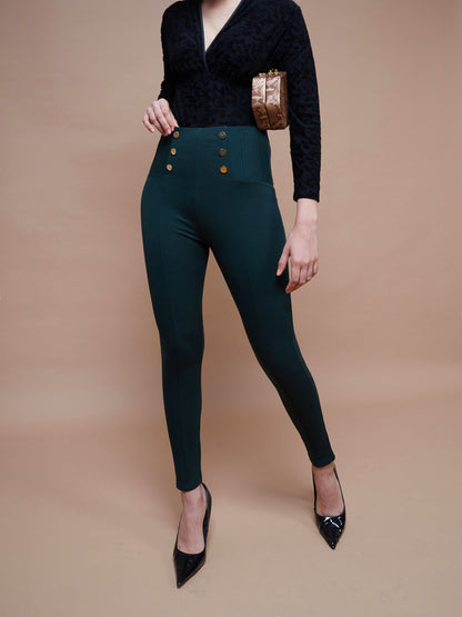 Women's Emerald Green Show Button Jeggings