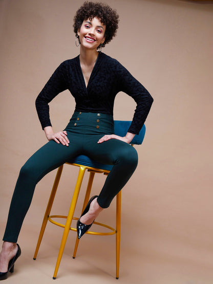 Women's Emerald Green Show Button Jeggings
