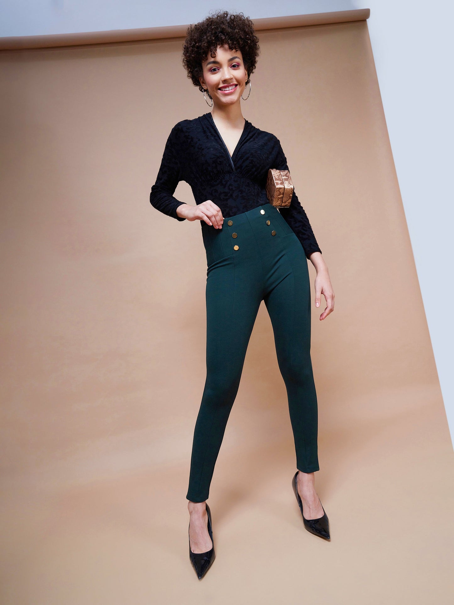 Women's Emerald Green Show Button Jeggings