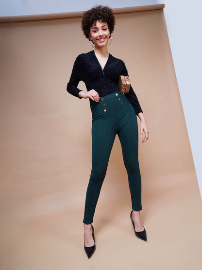 Women's Emerald Green Show Button Jeggings