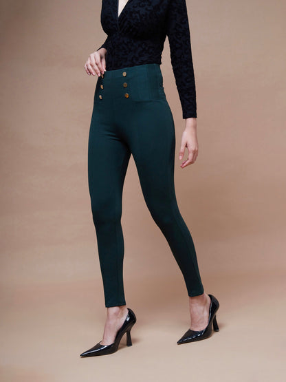 Women's Emerald Green Show Button Jeggings