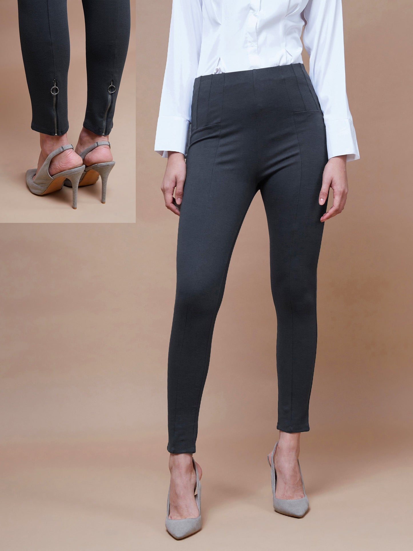 Women's Grey Bottom Zipper Jeggings