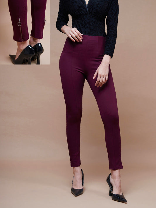 Women's Burgundy Bottom Zipper Jeggings