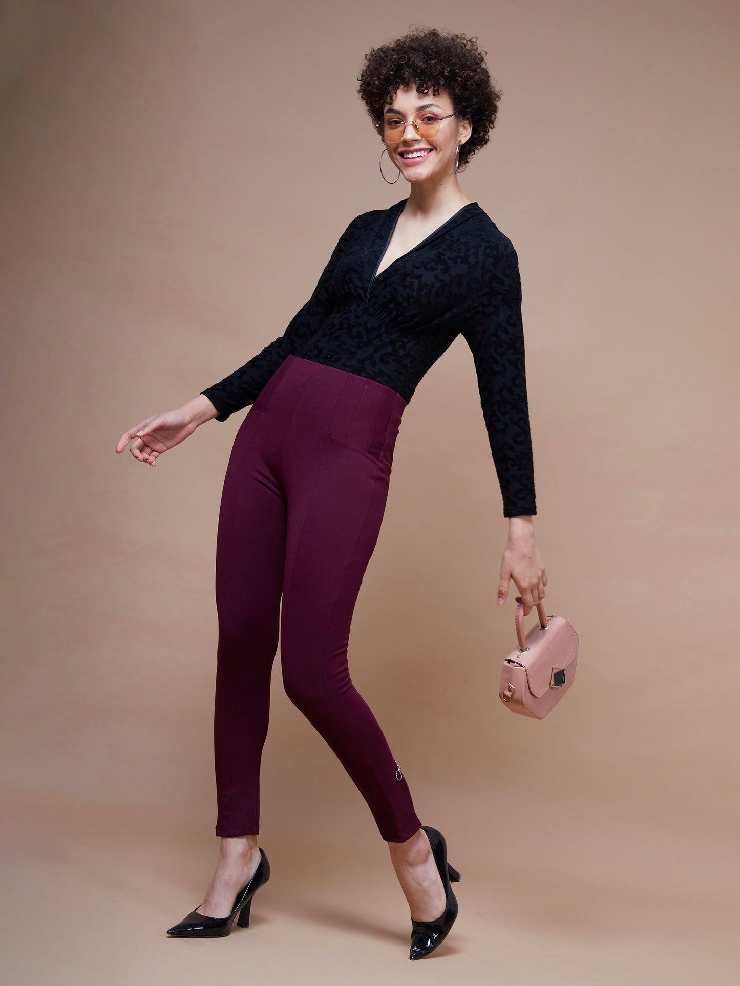 Women's Burgundy Bottom Zipper Jeggings