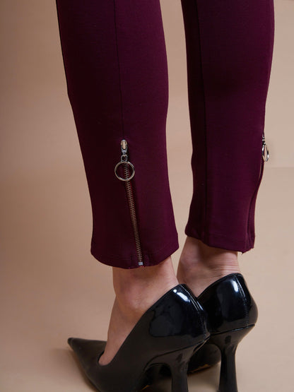 Women's Burgundy Bottom Zipper Jeggings
