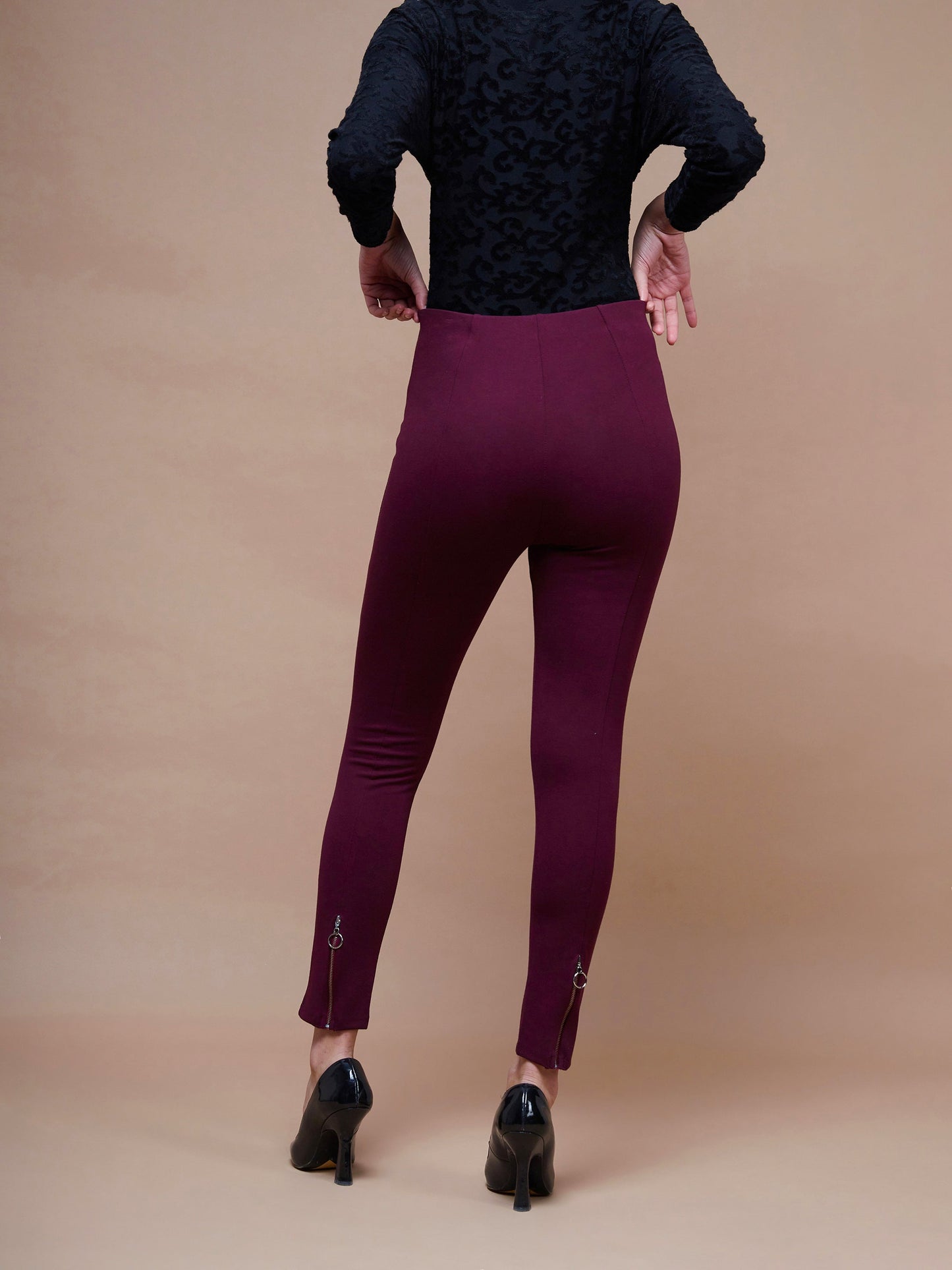 Women's Burgundy Bottom Zipper Jeggings