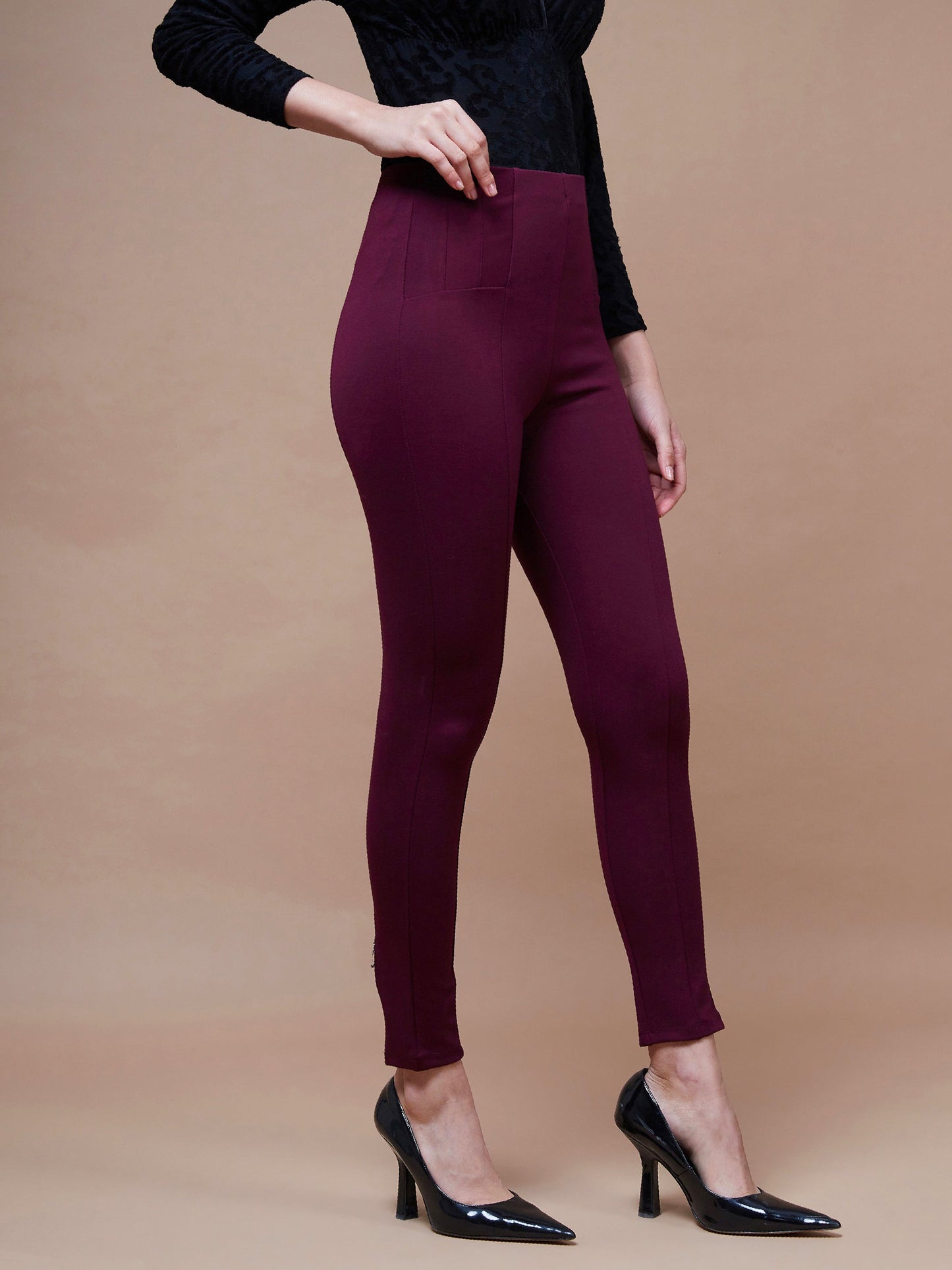 Women's Burgundy Bottom Zipper Jeggings