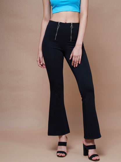 Women's Black Front Zipper Bell Bottom Pants