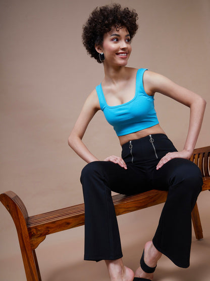 Women's Black Front Zipper Bell Bottom Pants