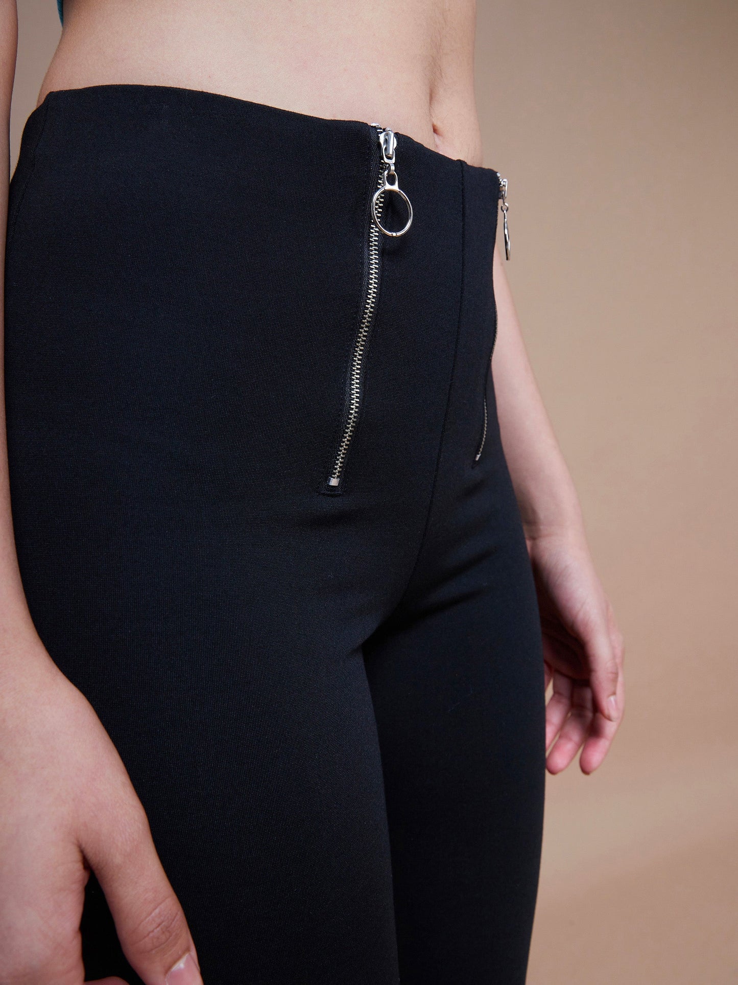 Women's Black Front Zipper Bell Bottom Pants