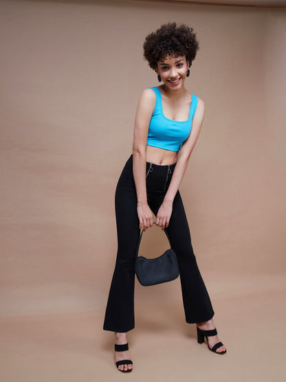 Women's Black Front Zipper Bell Bottom Pants