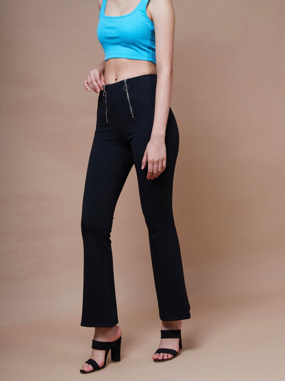 Women's Black Front Zipper Bell Bottom Pants