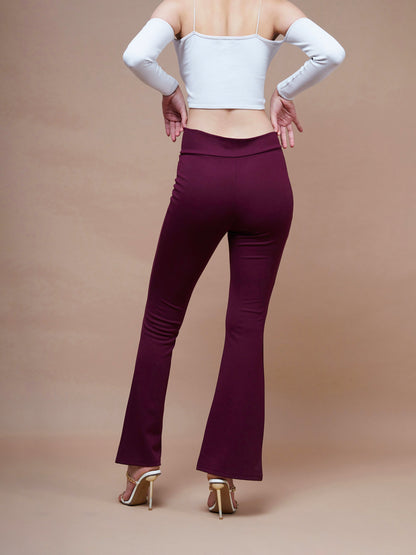 Women's Burgundy Side Zipper Bell Bottom Pants