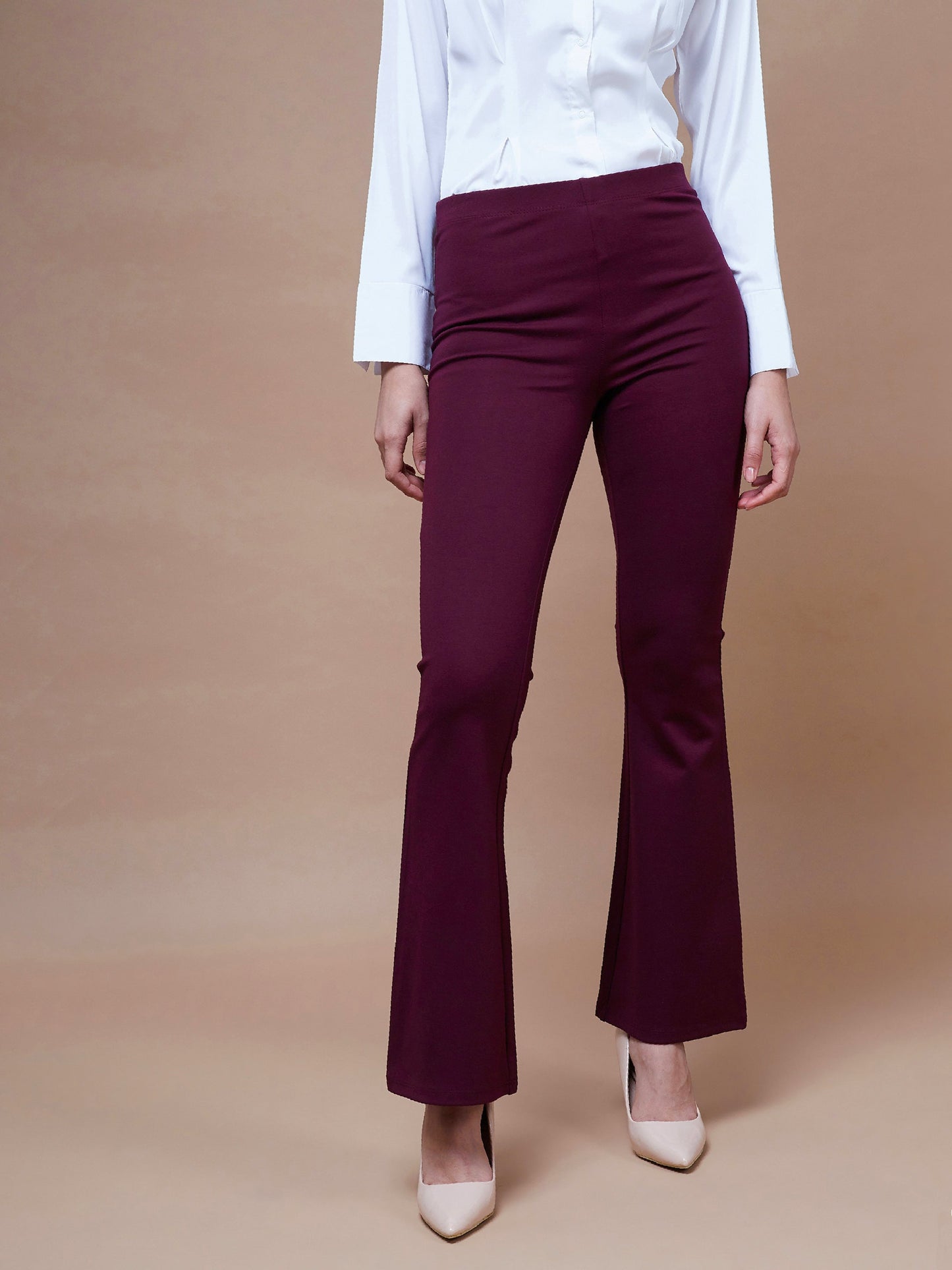 Women's Burgundy Bell Bottom 4-Way Stretch Pants
