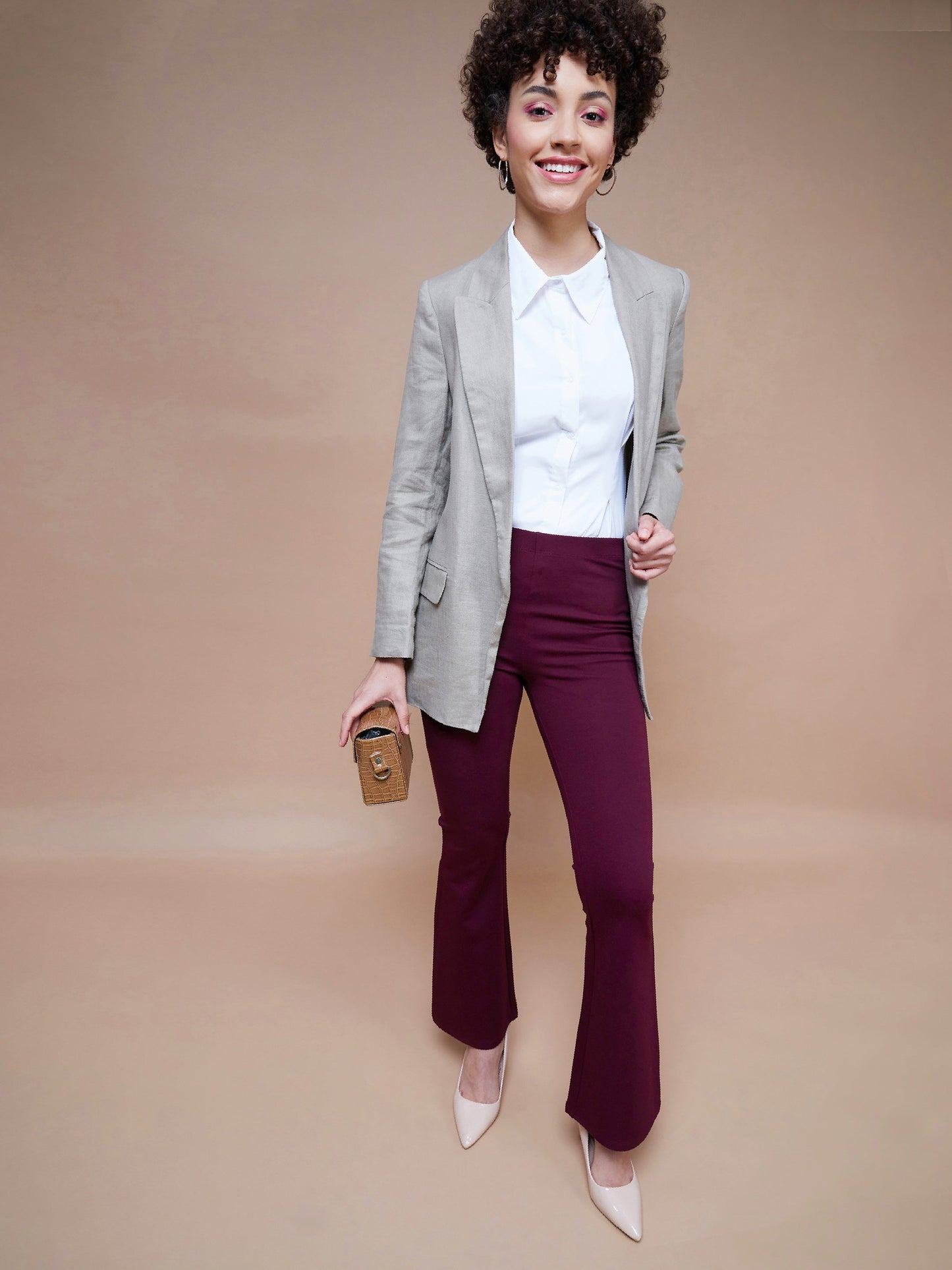 Women's Burgundy Bell Bottom 4-Way Stretch Pants