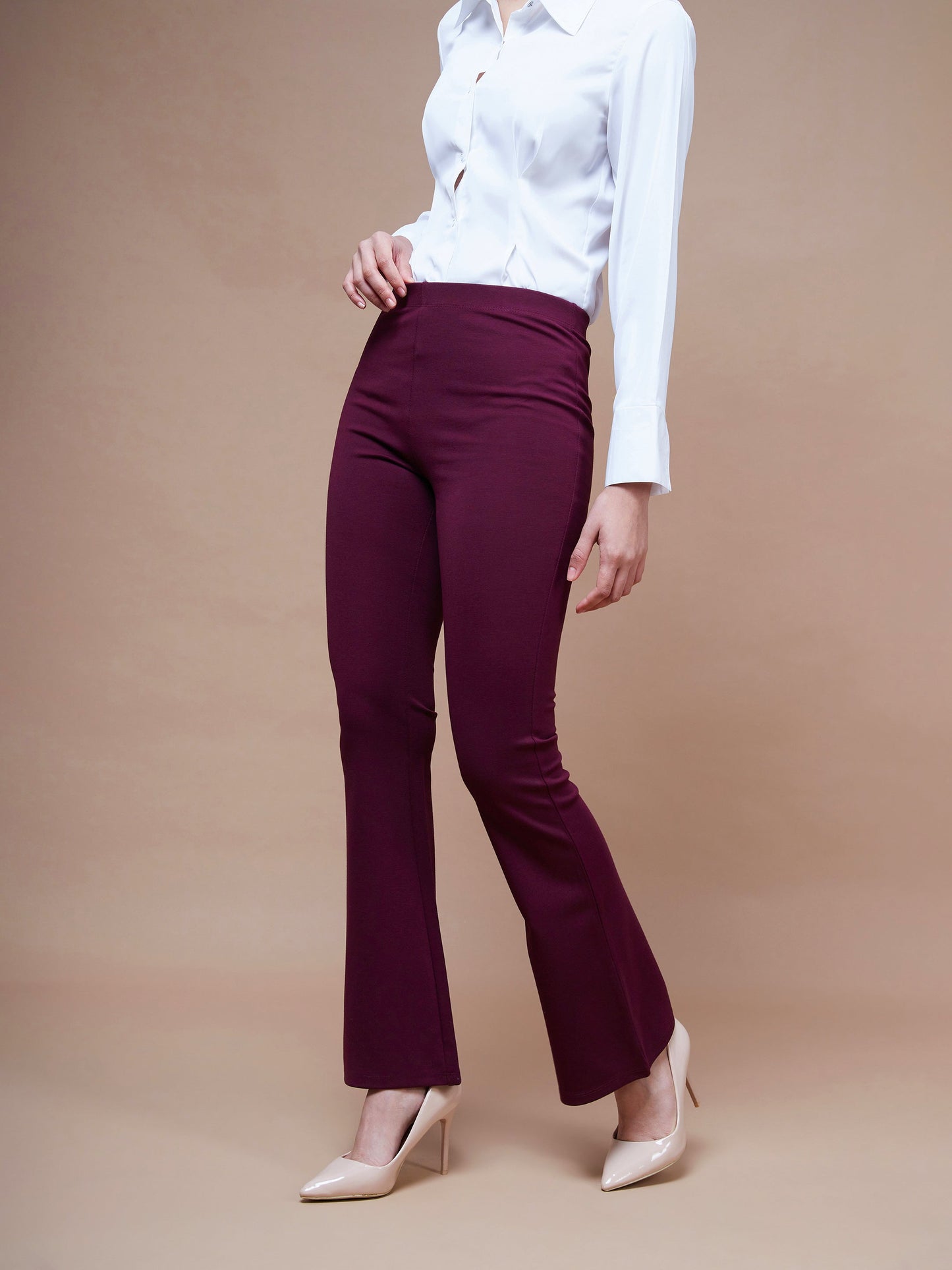 Women's Burgundy Bell Bottom 4-Way Stretch Pants