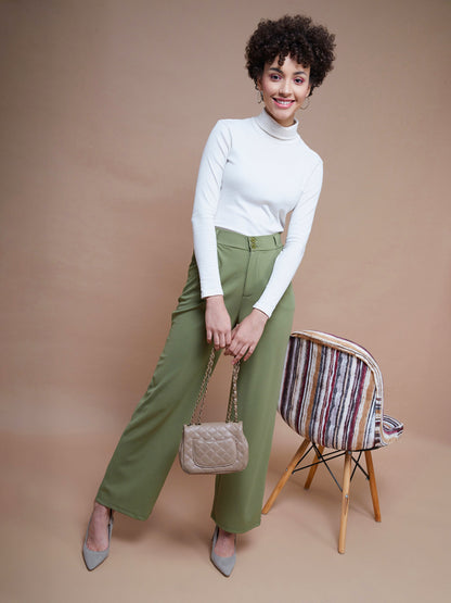 Women's Olive Pleated Straight Stretchable Pants