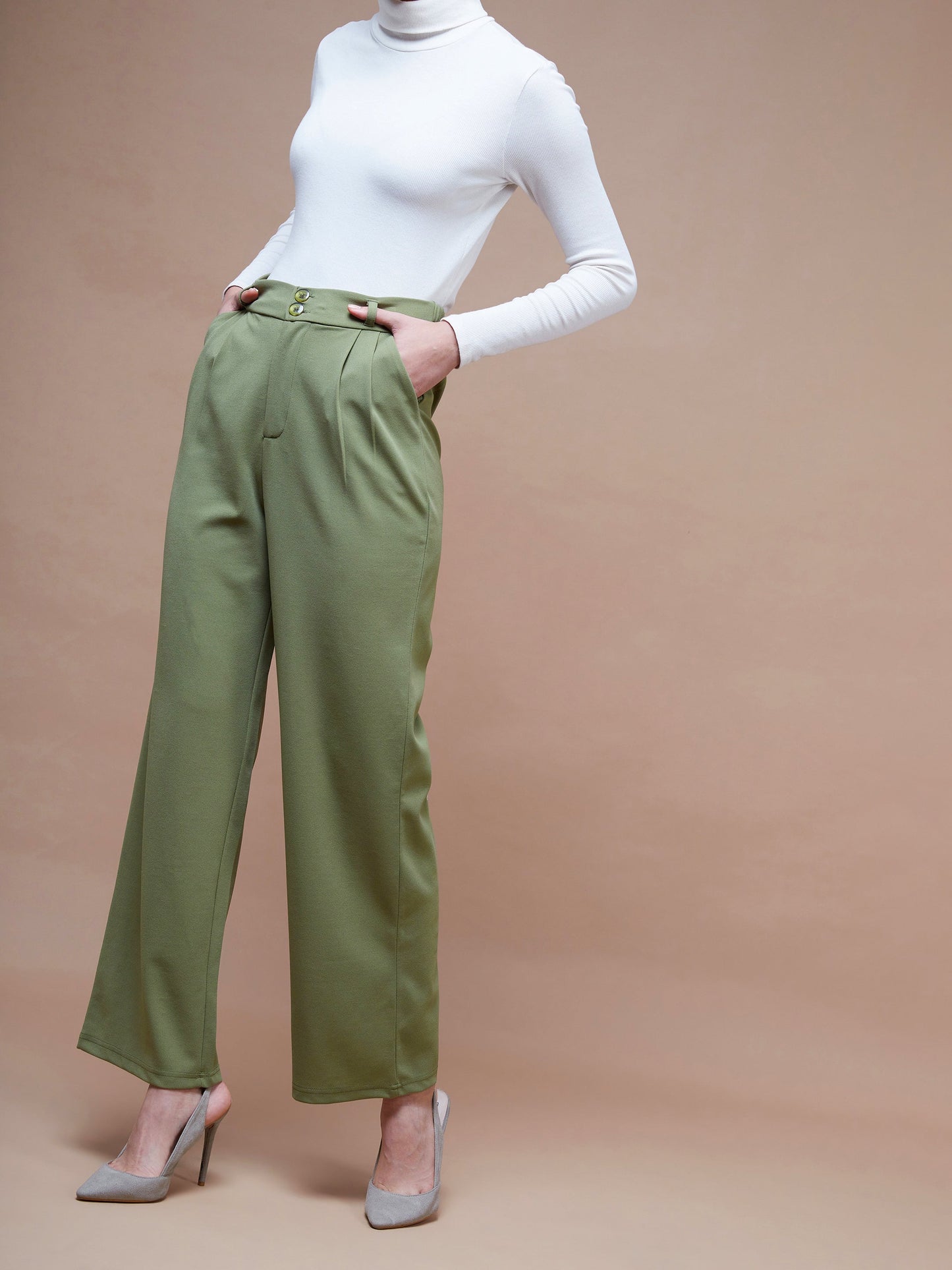 Women's Olive Pleated Straight Stretchable Pants