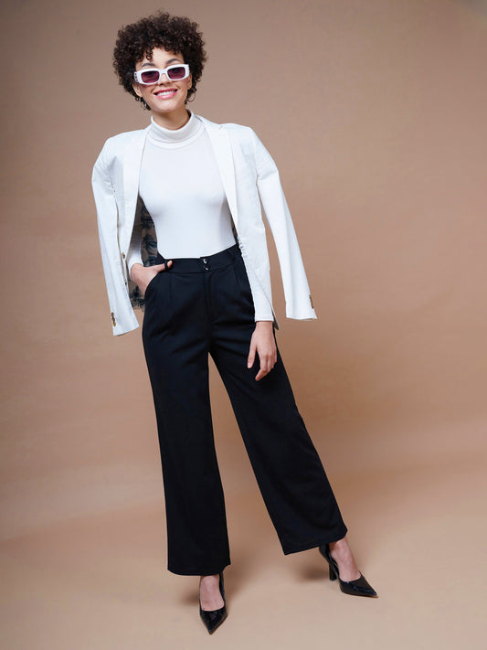 Women's Black Pleated Straight Stretchable Pants