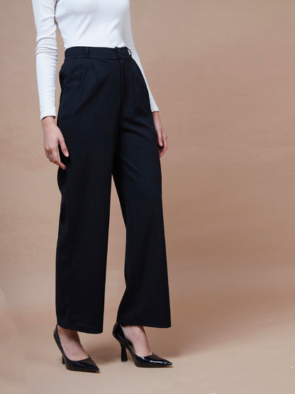 Women's Black Pleated Straight Stretchable Pants