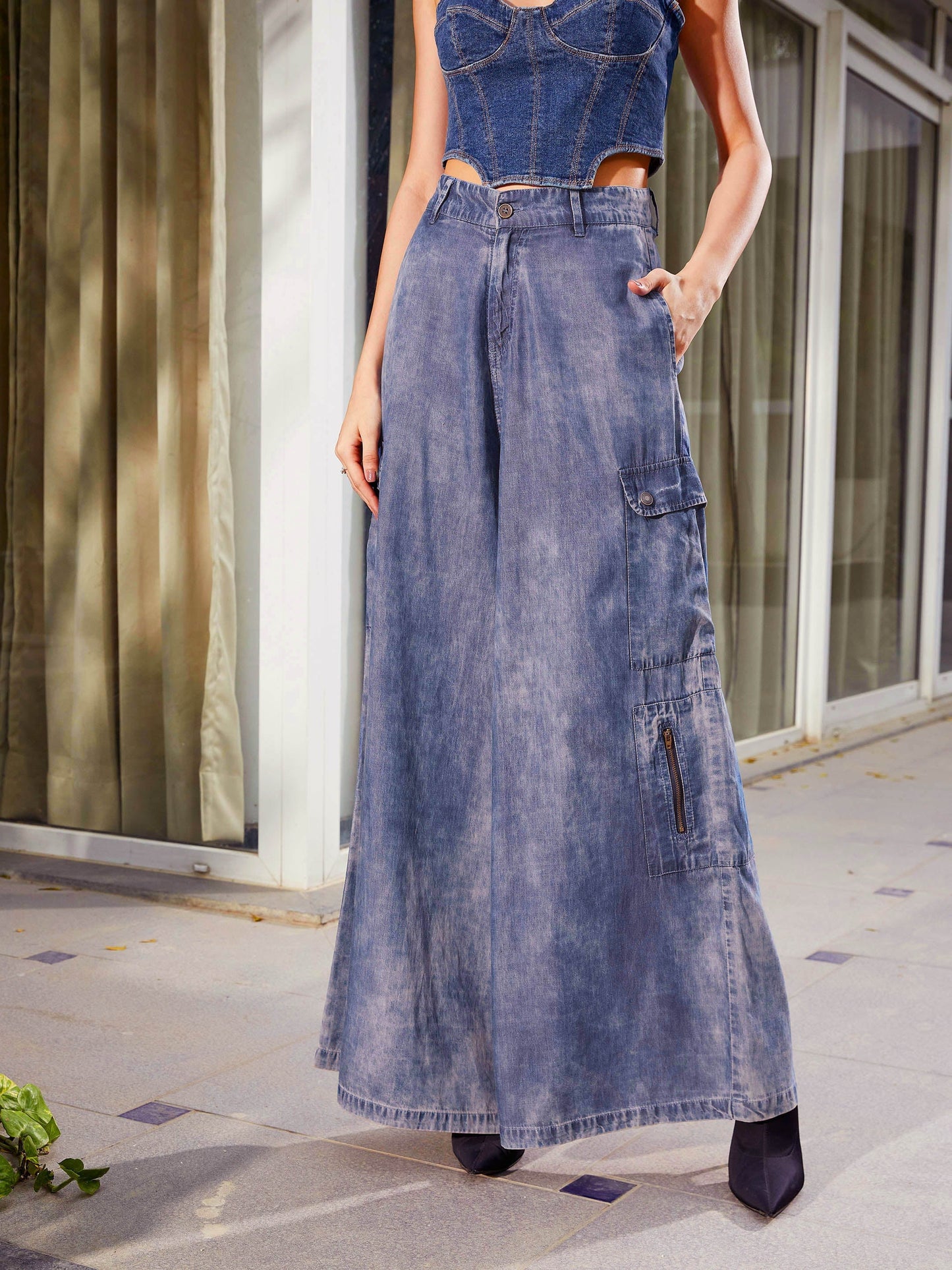 Women's Blue Acid Wash Tencel Wide Leg Pants