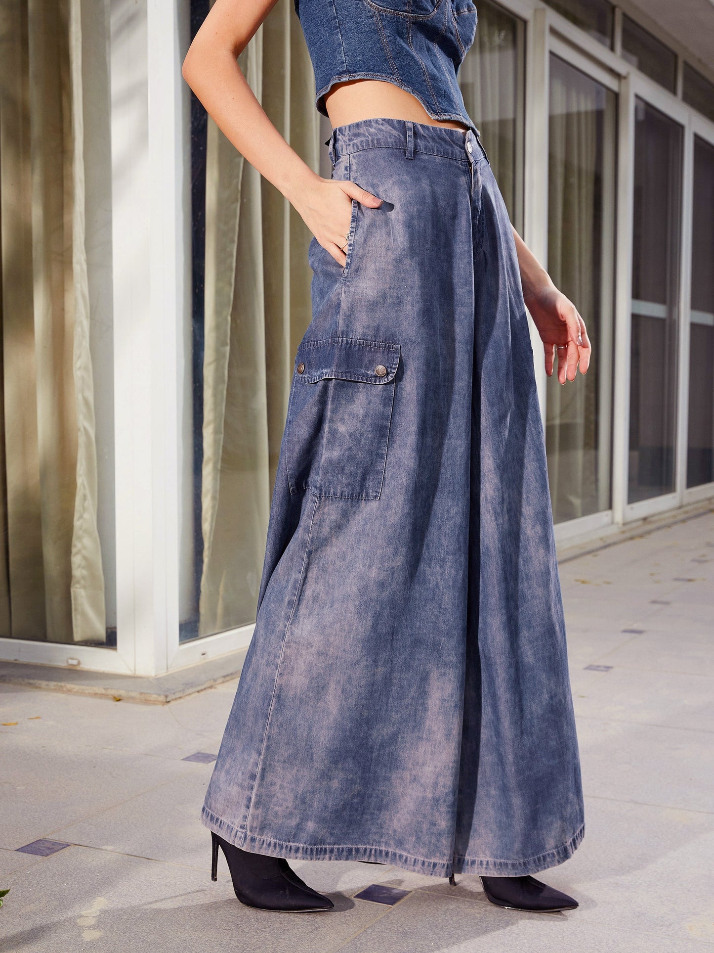 Women's Blue Acid Wash Tencel Wide Leg Pants