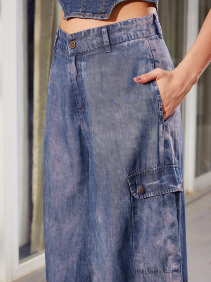 Women's Blue Acid Wash Tencel Wide Leg Pants