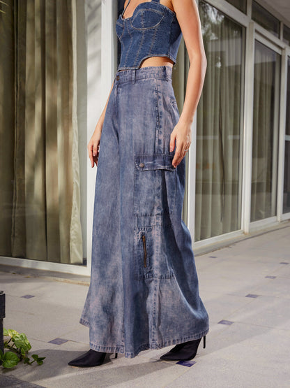 Women's Blue Acid Wash Tencel Wide Leg Pants