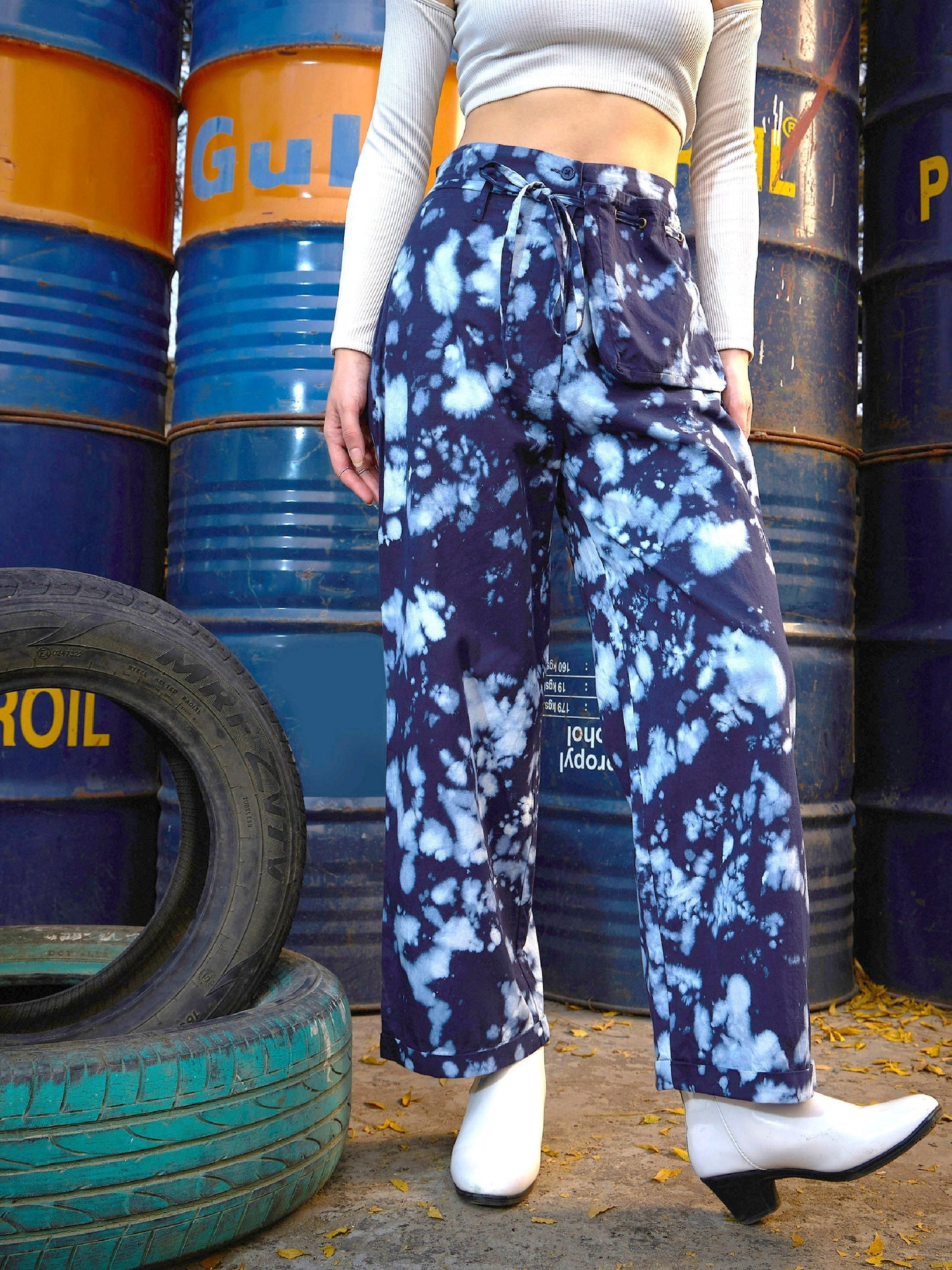 Women's Blue Cloud Wash Hanging Pocket Straight Pants
