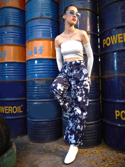 Women's Blue Cloud Wash Hanging Pocket Straight Pants