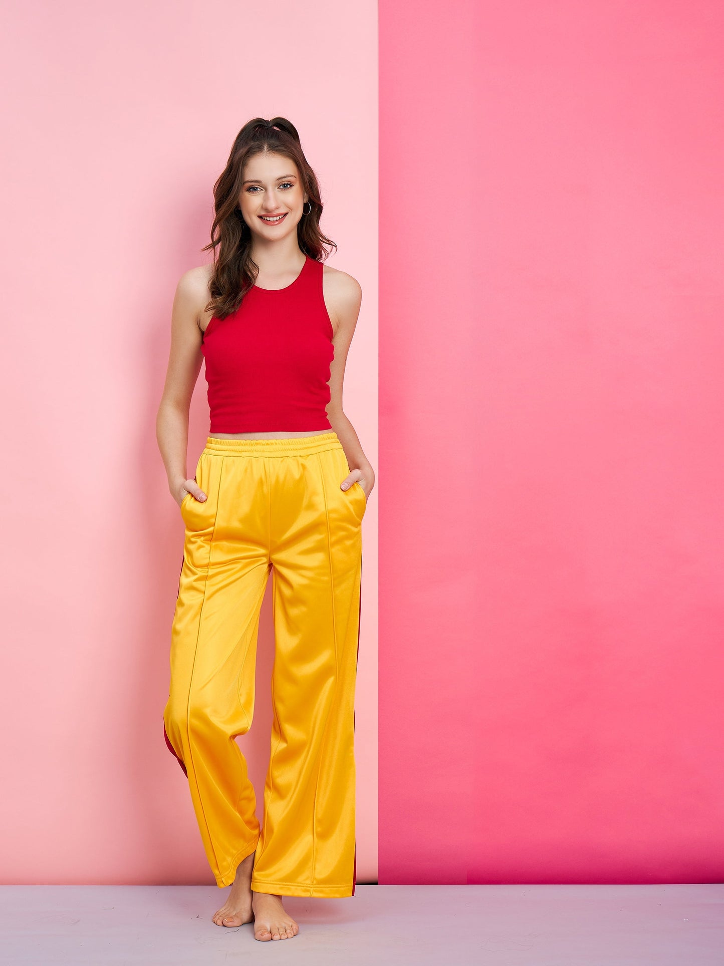 Women's Yellow Side Button Track Pants