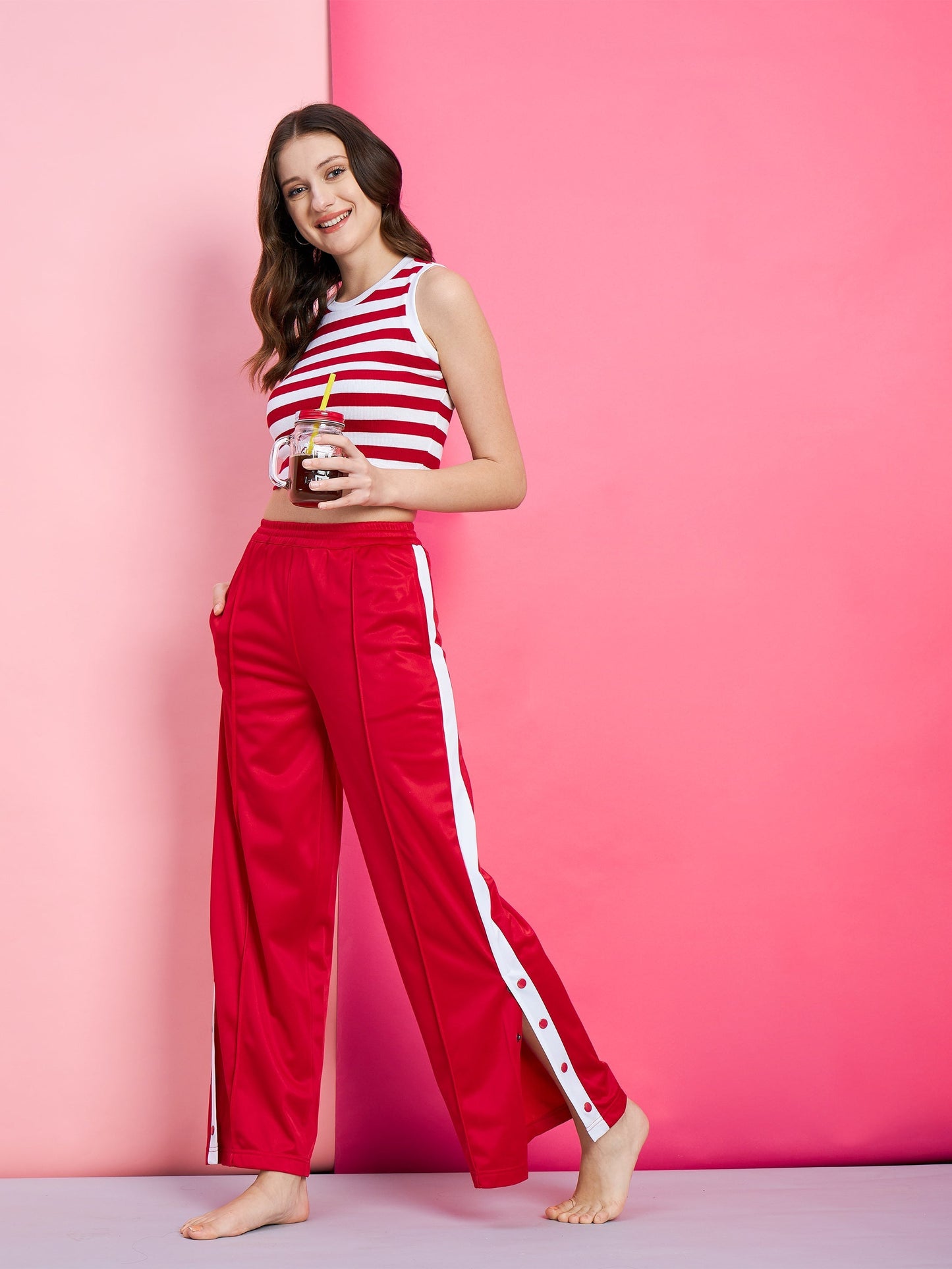 Women's Red Side Button Track Pants