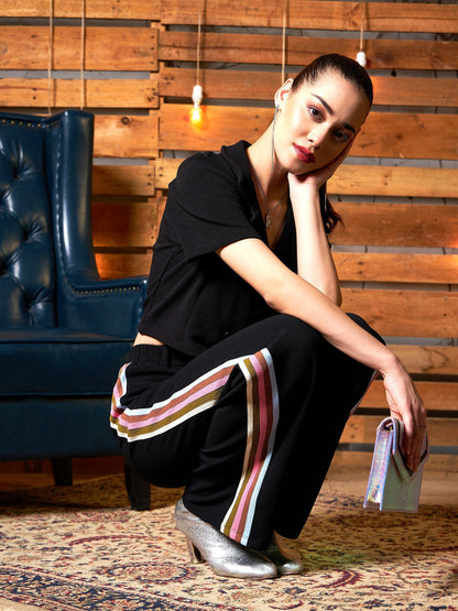 Women's Black Rainbow Color Side Tape Straight Pants