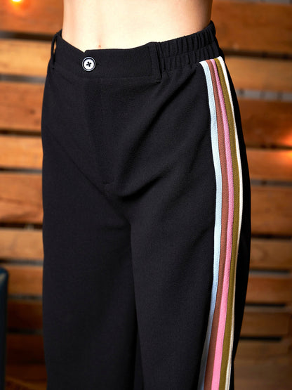 Women's Black Rainbow Color Side Tape Straight Pants