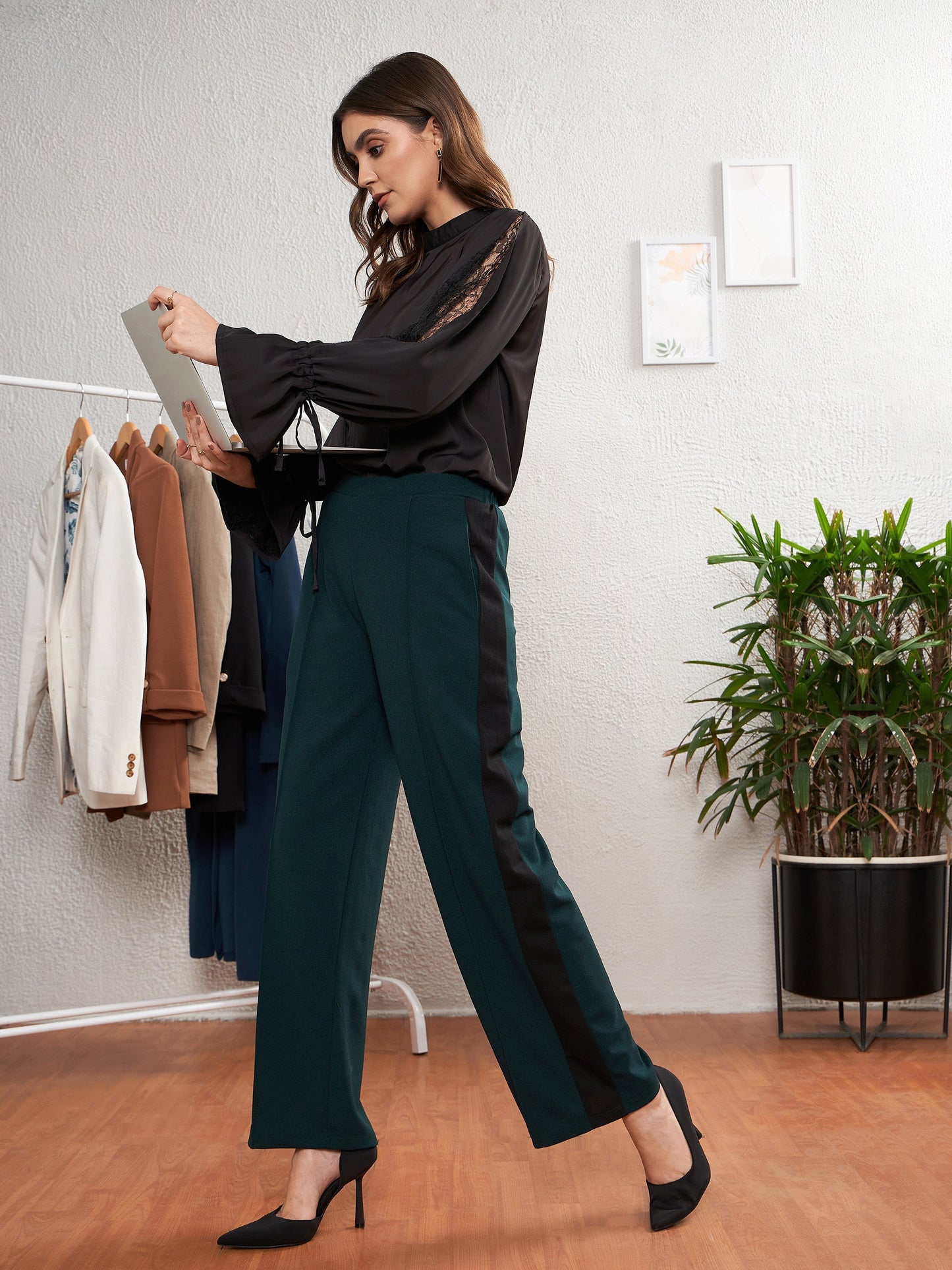 Women's Emerald Green Side Tape Straight Pants