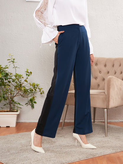 Women's Blue & Black Color Block Straight Pants