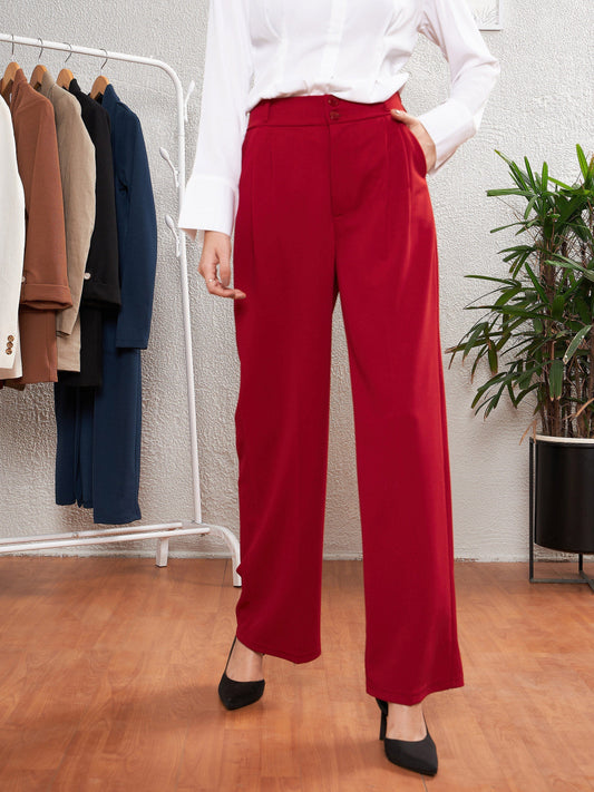 Women's Red Pleated Straight Pants