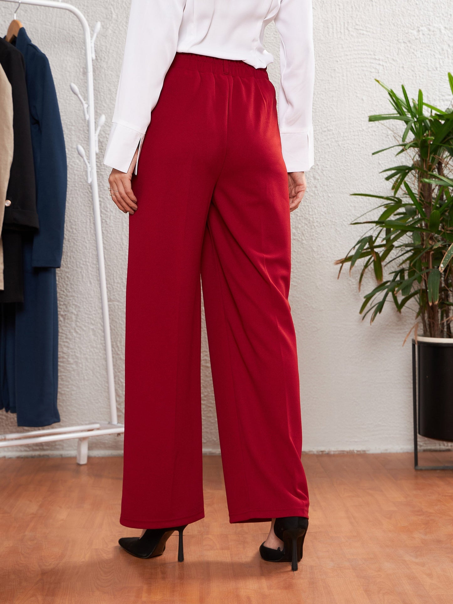 Women's Red Pleated Straight Pants