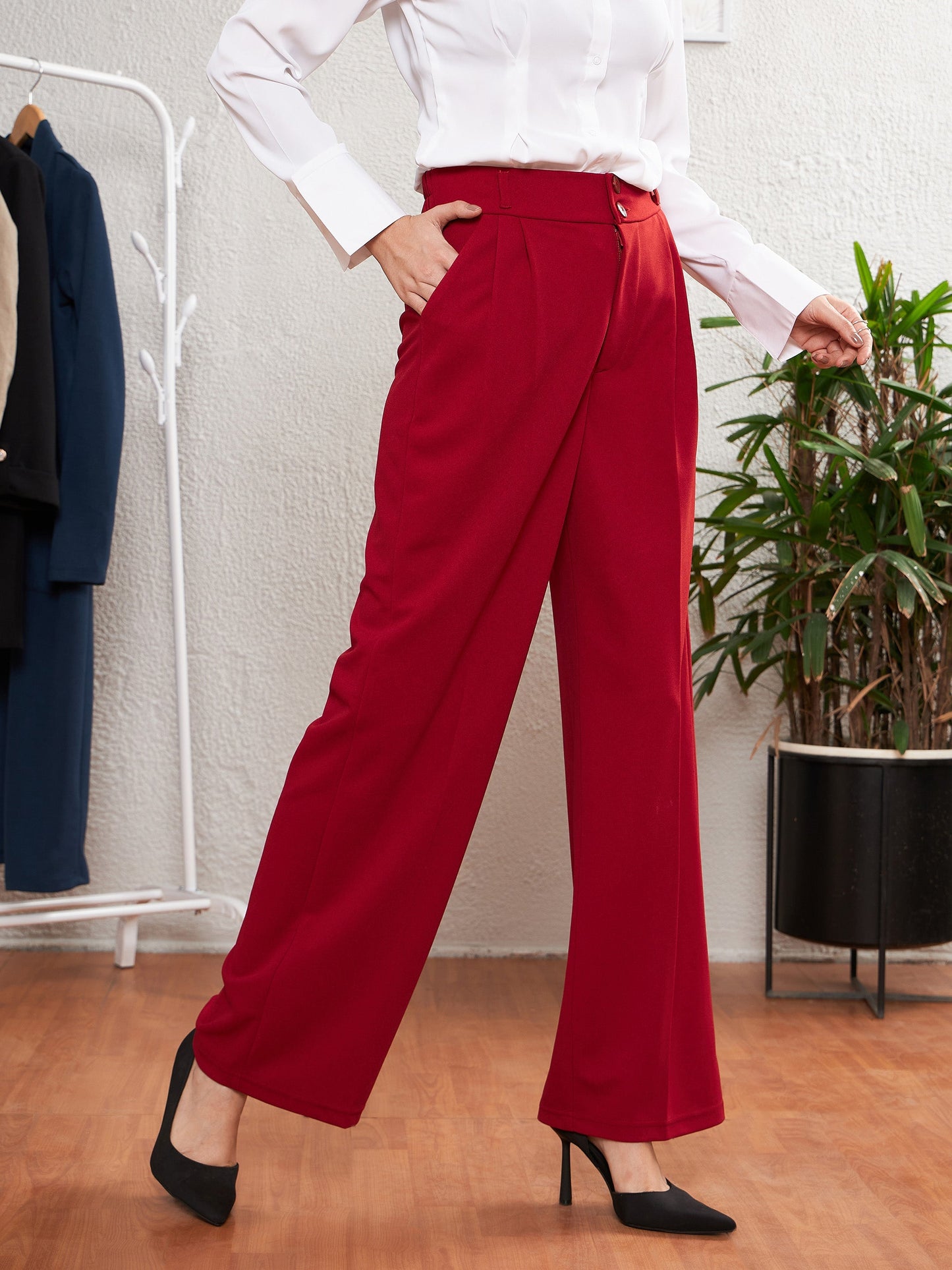 Women's Red Pleated Straight Pants
