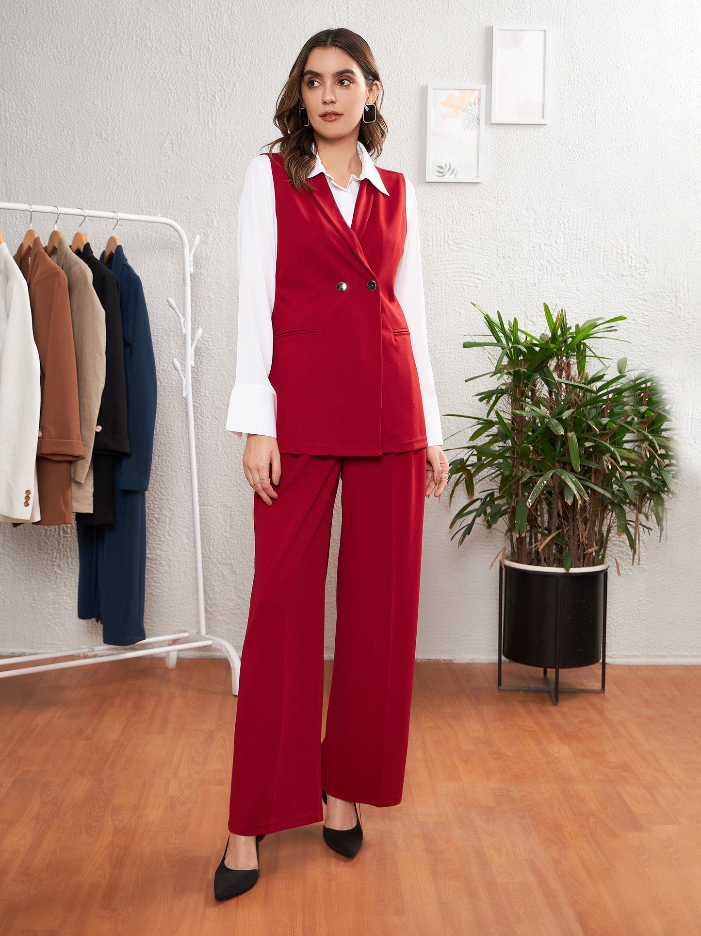 Women's Red Pleated Straight Pants