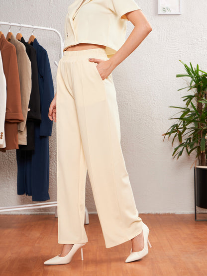 Women's Cream Front Darted Palazzo Pants