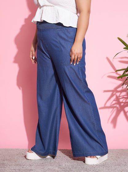 Women's Blue Tencel Smocked Waist Straight Pants