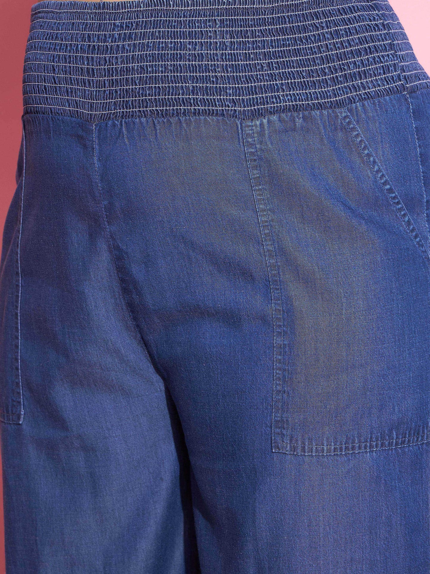 Women's Blue Tencel Smocked Waist Straight Pants