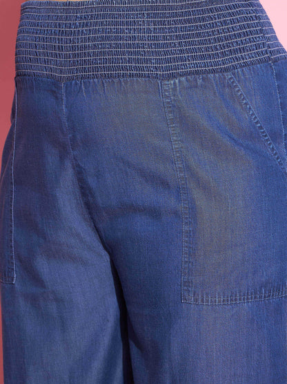 Women's Blue Tencel Smocked Waist Straight Pants