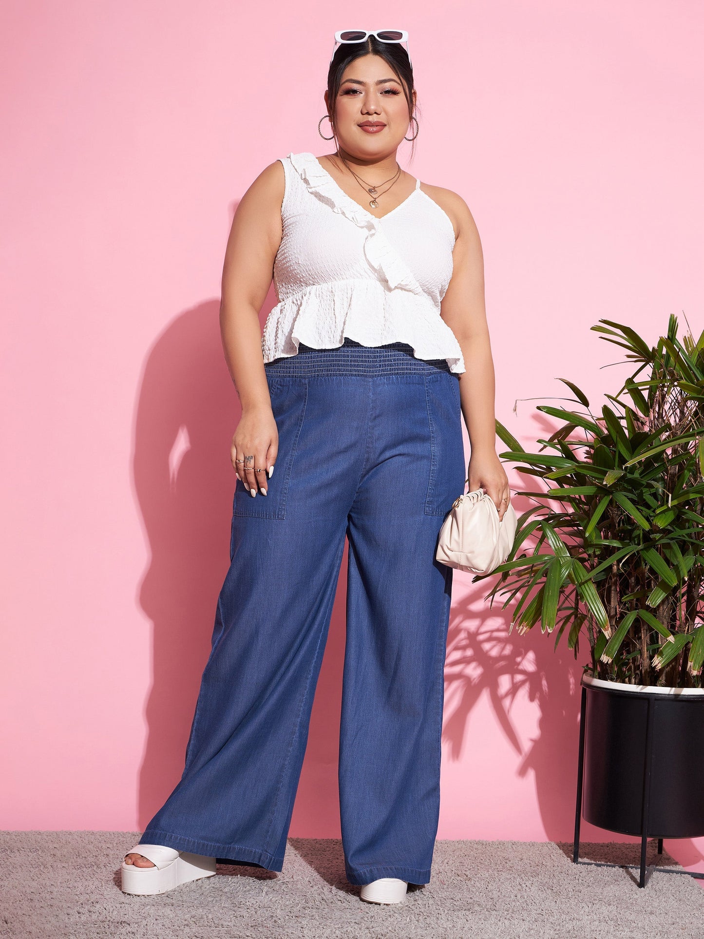 Women's Blue Tencel Smocked Waist Straight Pants